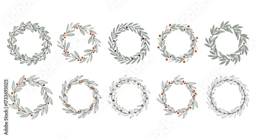 Ten circular wreaths composed of delicate leaves and small red berries, arranged in two rows against a white background.