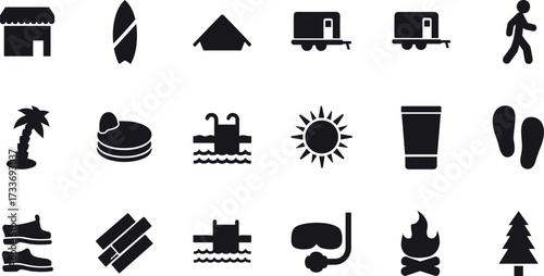 Camping travel icons set with tent, trailer, surfboard, palm tree, swimming pool, flip-flops, campfire, pancakes, sun, snorkel