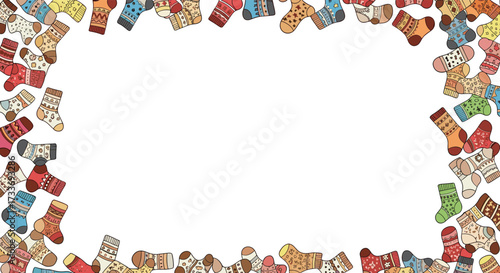 A colorful and fun border made of various cozy socks arranged around a blank white space for your creative text.