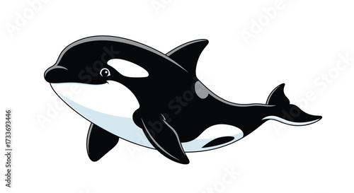An animated cartoon orca whale swimming gracefully through the ocean.