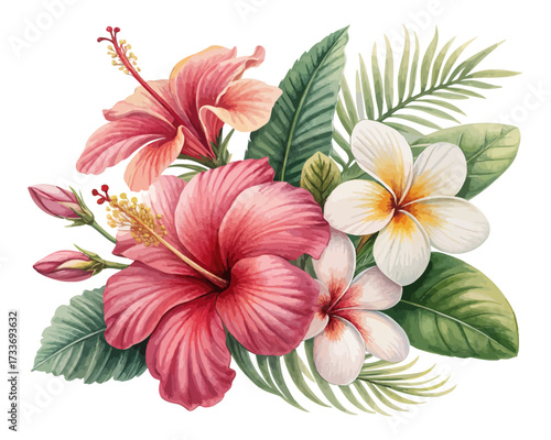 tropical watercolor hibiscus and frangipani flowers vector illustration