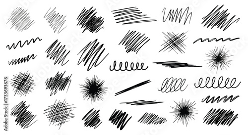 A collection of hand-drawn scribble elements in black ink, featuring various shapes like lines, swirls, hatching, and bursts, on a white background.