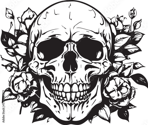 Skull with roses floral arrangement, gothic tattoo concept.