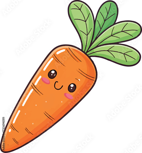 Cute cartoon carrot with smiling face and green leaves