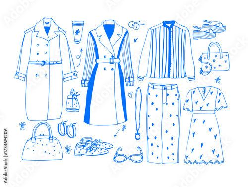 BlueFemale fashion set. Women's clothes collection. dresses,tops, blazers, jacket, trench coat, shoes hand drawn vector illustration.