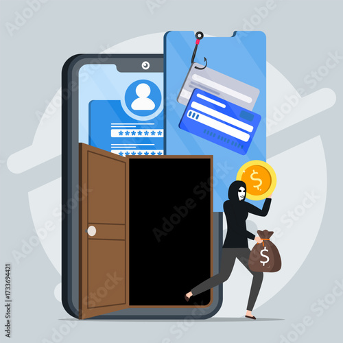 Hacker holding coin and money bag to running out from open door on smartphone with credit card hooking fish and personal account login on screen. Concept of theft of online banking.