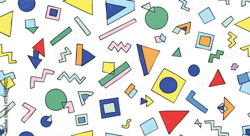 A playful and colorful pattern featuring various geometric shapes scattered across a white background, creating a vibrant and dynamic composition.