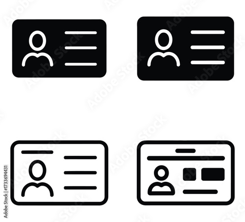 Id card outline icon set isolated on white background. Identification card icon. Identity document vector. Pass card identity. Face ID card. Identification card, driver's license icon
