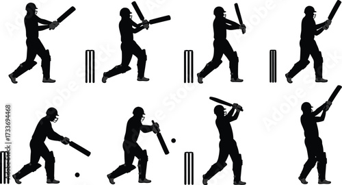 Cricket batsman silhouettes, batting techniques, sports action, black vector illustration, stumps, helmet, pads, cricket bat, dynamic pose, athlete motion