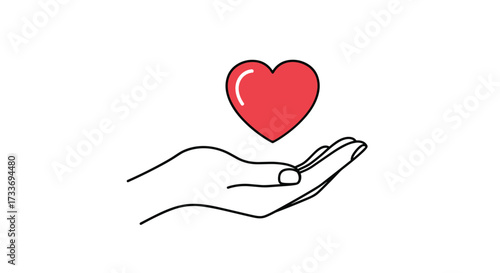 A gentle hand offering a bright red heart symbolizing love and kindness.