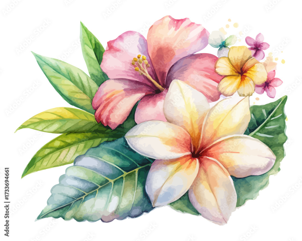 Fototapeta premium tropical watercolor hibiscus and frangipani flowers vector illustration