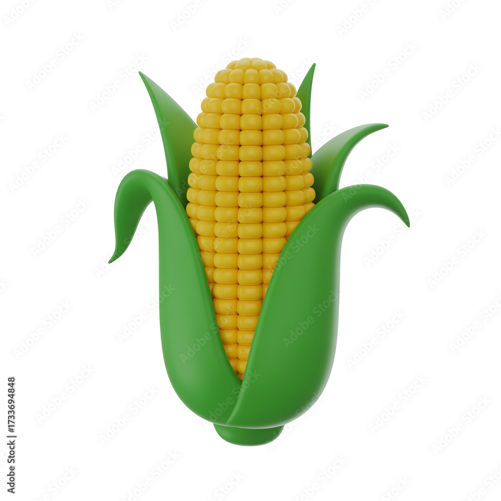 Obraz premium Stylized 3D render of a ripe yellow corn cob with green husks maize grain