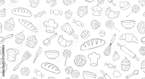 A seamless pattern illustration featuring hand-drawn bakery items like bread, cupcakes, croissants, lollipops, and cooking utensils on a white background.
