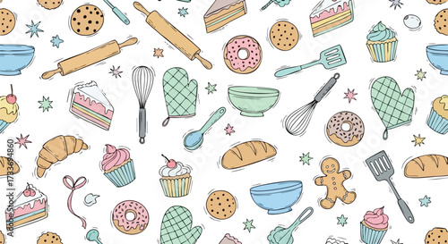 Seamless pattern illustration featuring baking and pastry elements like cakes, cookies, bread, donuts, and utensils scattered on a white background.