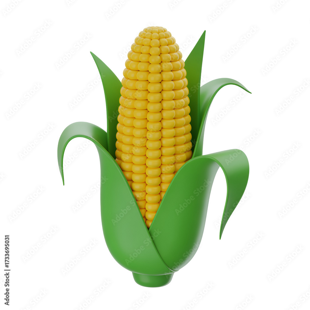 Obraz premium 3D illustration of a fresh yellow corn cob with green leaves and husks maize grain