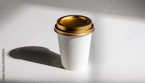 A Simple White Paper Cup With A Golden Rim Sits On A White Surface Casting A Shadow