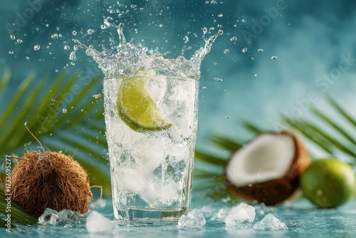 Refreshing Coconut Water Splash with Lime and Tropical Vibes.