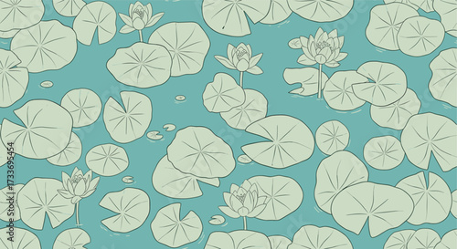 A serene aquatic scene featuring numerous lily pads and delicate flowers floating on tranquil water.