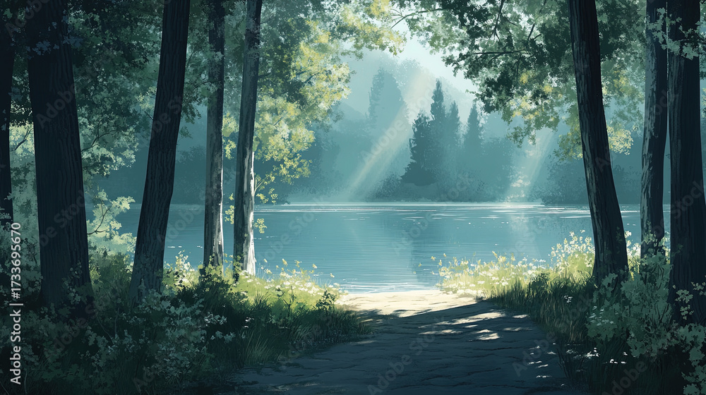 Obraz premium A quiet walk through the forest leads you to a tranquil spot by the lake. How does the peaceful surroundings allow you to slow down and embrace the beauty of nature?