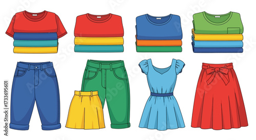 Cartoon illustration of neatly folded t-shirts, pants, skirts, and a dress, all in various bright colors.