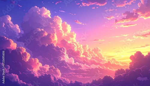 Fototapeta Naklejka Na Ścianę i Meble -  Vibrant sunset hues paint fluffy clouds