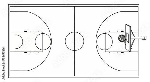 Overhead view of a basketball court diagram, showcasing the layout with hoops and court markings.