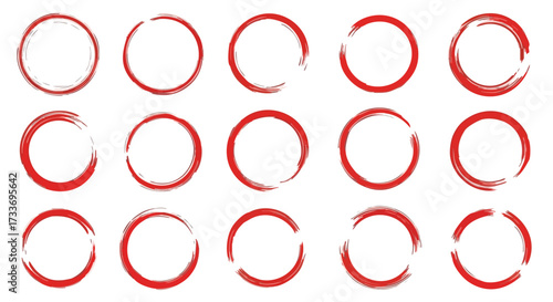 Collection of fifteen red, hand-drawn circle shapes, each with a slightly different brushstroke texture, arranged in rows against a white background.