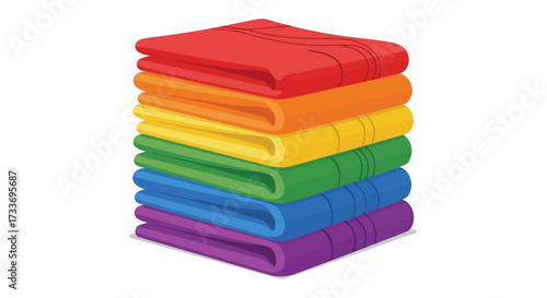 Stack of folded towels in rainbow colors, neatly arranged on a white background.