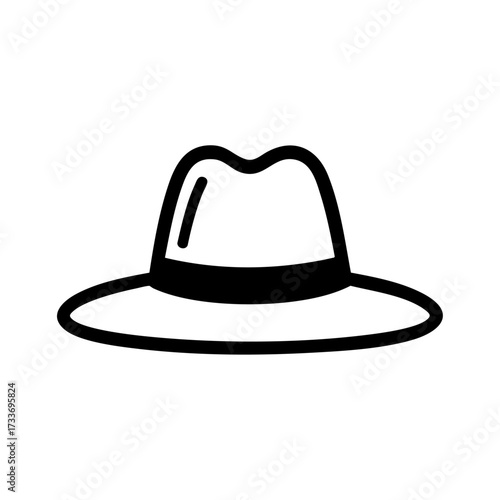 Classic wide brim sun hat illustration in black and white, perfect for summer fashion, outdoor activities, and stylish sun protection needs.