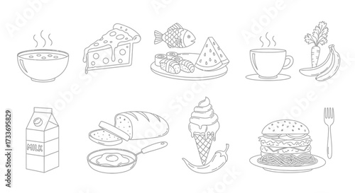 Line art illustration featuring various food items: soup, pizza, fish, coffee, fruits, milk, bread, ice cream, and a burger.