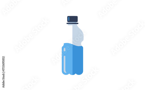 A simple, flat design illustration of a plastic water bottle, partially filled with blue liquid, featuring a dark blue cap on a white background.