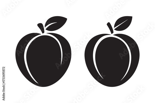 Set of Two Simple Stone Fruit Silhouettes with Stem and Leaf Icons Vector Illustration for Healthy Food and Produce Market Design