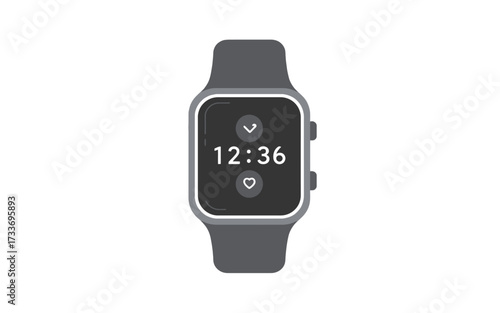 A modern grey smartwatch with a digital display showing the time, a checkmark, and a heart rate icon.