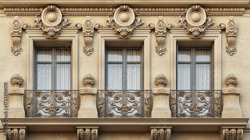 Elegant Parisian Building Facade with Ornate Balconies and Windows