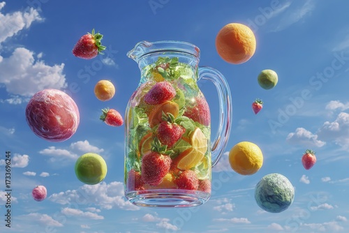 Refreshing Fruit Infusion in a Glass Pitcher Against a Blue Sky.