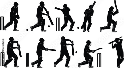 Cricket player silhouettes, batting, bowling, fielding, wicket-keeping, black vector illustration, stumps, ball, gear, dynamic sports action, athlete motion