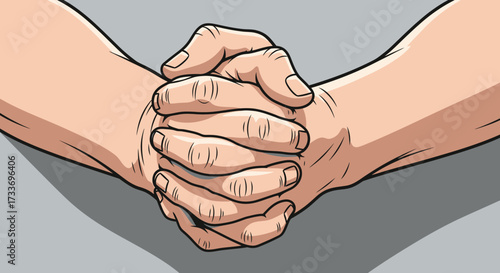 Interlocked hands illustration, showing two arms and hands clasped together tightly on a gray background.