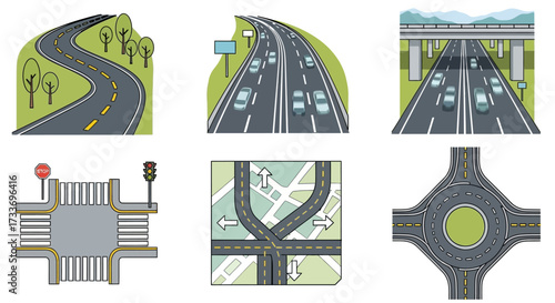 Six illustrations depicting various road types: winding rural road, highway, overpass, intersection, map view, and roundabout.