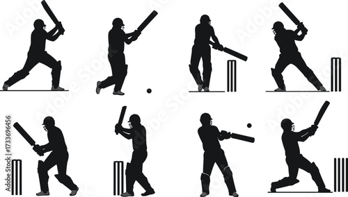 Cricket players silhouettes, batting poses, sports action, black vector illustration, helmets, stumps, bats, dynamic movement, competitive match, athlete gear
