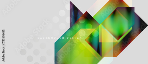 Abstract geometric shapes overlap, creating vibrant color gradients. Light gray background features subtle dot pattern. Modern design element.