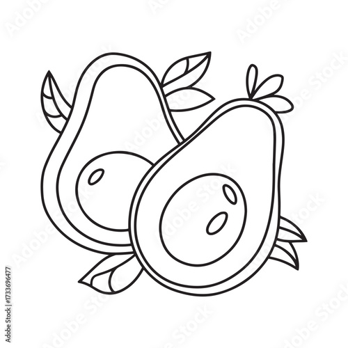 Delicious Avocado Slices and Leaves Outline Vector Illustration for Coloring Book Page or Healthy Food Design
