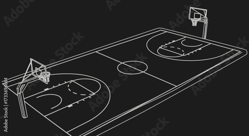 A detailed line drawing of a basketball court, showing the hoops and markings.