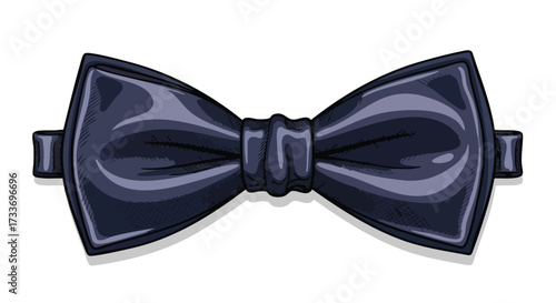A close-up illustration of a dark blue satin bow tie with a glossy finish.