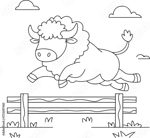 Cute Cartoon Bison or Buffalo Jumping Over a Wooden Fence Line Art Drawing for Kids' Coloring Pages