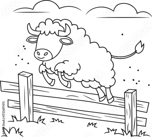 Cute Cartoon Bison or Buffalo Jumping Over a Wooden Fence Line Art Drawing for Kids' Coloring Pages