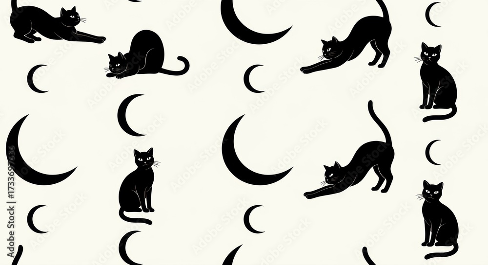 Obraz premium Whimsical black cats and crescent moons create a playful pattern, perfect for Halloween designs or charming pet-themed projects with a magical touch