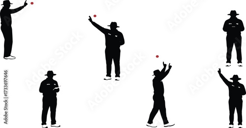Cricket, umpire, silhouette, signal, gesture, red ball, sports official, hand movement, action pose, communication, decision, coaching, training