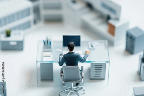 A miniature businessman works diligently at his desk in a modern, pristine office environment, surrounded by tiny furniture. Conceptual work scene.