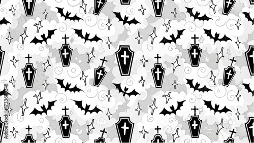 Seamless monochrome halloween pattern featuring bats coffins stars and clouds in a spooky design aesthetic