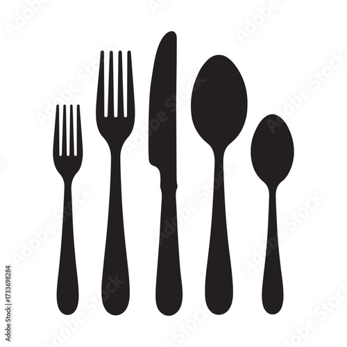 Full Five Piece Flatware Set Silhouette Icon with Dinner and Salad Forks, Knife, and Spoons for Dining and Catering